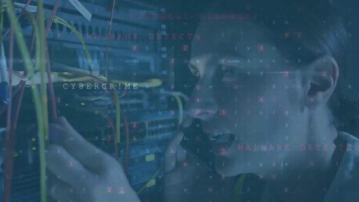 Animation of cyberattack warning with data processing over caucasian woman in server room