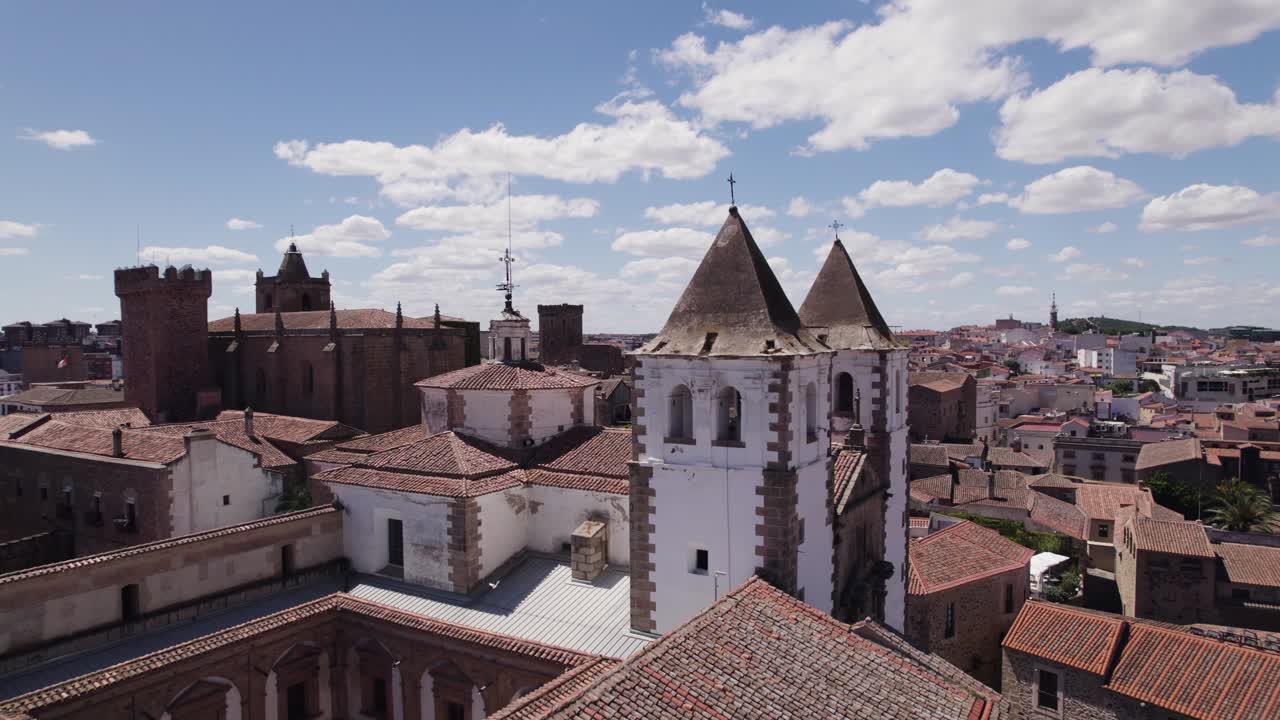 Aerial view San Francisco Javier Church bell towers, C&aacute;ceres cityscape, Spain