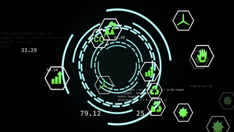 animation of media icons over data processing and scope scanning