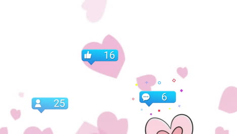 animation of social media reactions and pink hearts floating on white background