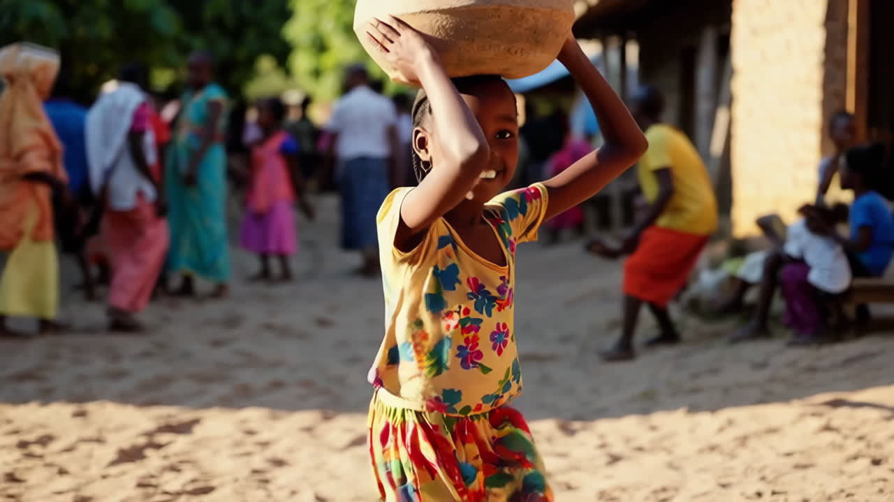 African Girl Carrying Water Jar in Village