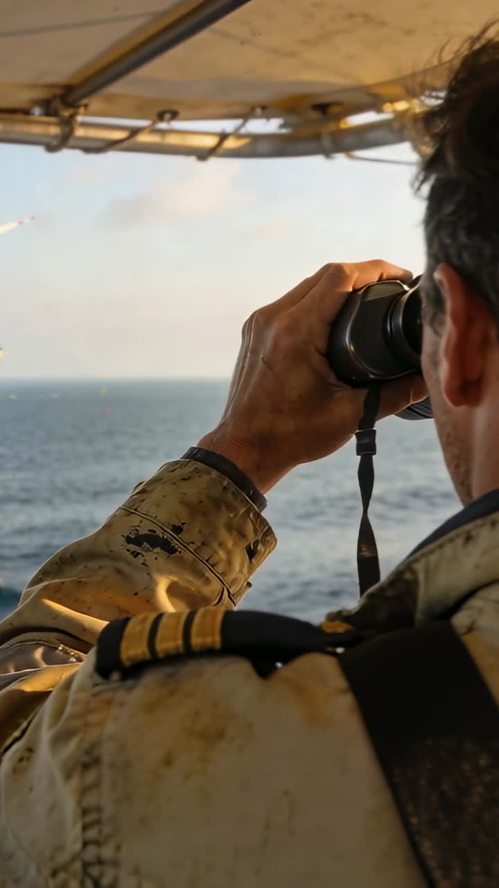 Video verticale: Notando una turbina eolica, un membro dell'equipaggio con spalline alza il binocolo a bordo di un'imbarcazione, monitorando il mare.