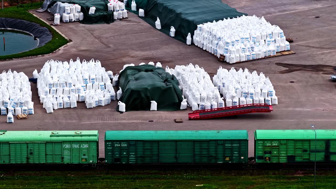 Pesticides stored in a factory. Aerial view at daytime