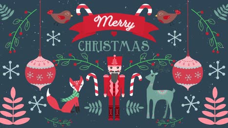 animación de felices palabras de navidad con animales en el fondo de las decoraciones navideñas