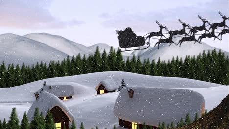 animation of santa claus in sleigh with reindeer over snow falling on winter town