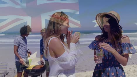 Animation-of-australian-flag-over-happy-friends-at-summer-beach-party