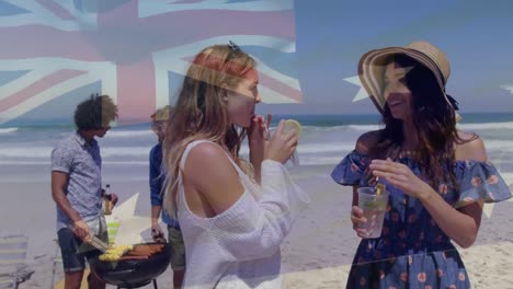 animation of australian flag over happy friends at summer beach party