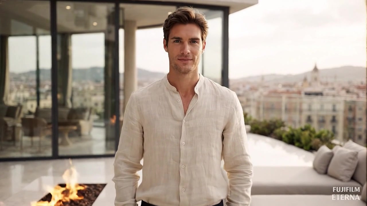Um jovem elegante posa confiante em um terraço moderno com vistas da cidade, rodeado por móveis elegantes e uma lareira aconchegante em um ambiente urbano moderno.