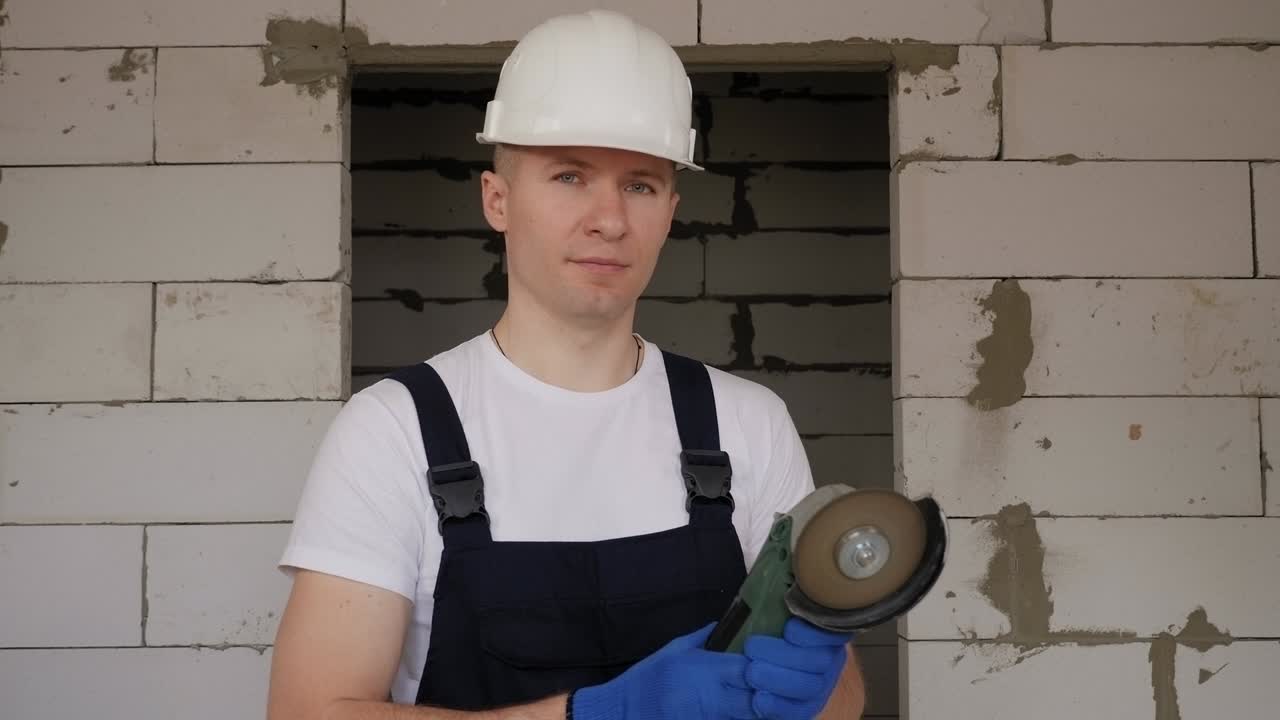 портрет строителя с круговой пилой на строительной площадке.