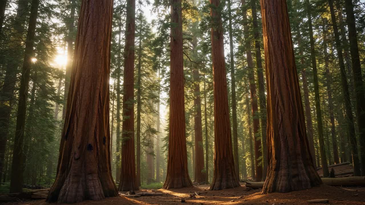 Majestic Sequoia Forest at Sunrise: A Tranquil Scene of Towering Trees Bathed in Golden Light, Emphasizing Nature's Grandeur and Serenity in a Peaceful Wilderness