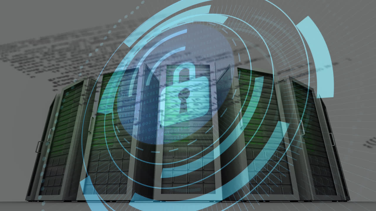 Animation of padlock icon over server room