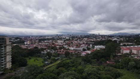 cinematic drone shot flying towards san jose city, costa rica