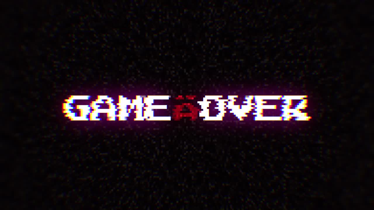 Intentional digital artifact injection fx animation, decoding a noisy scambled 8-bit text: game over