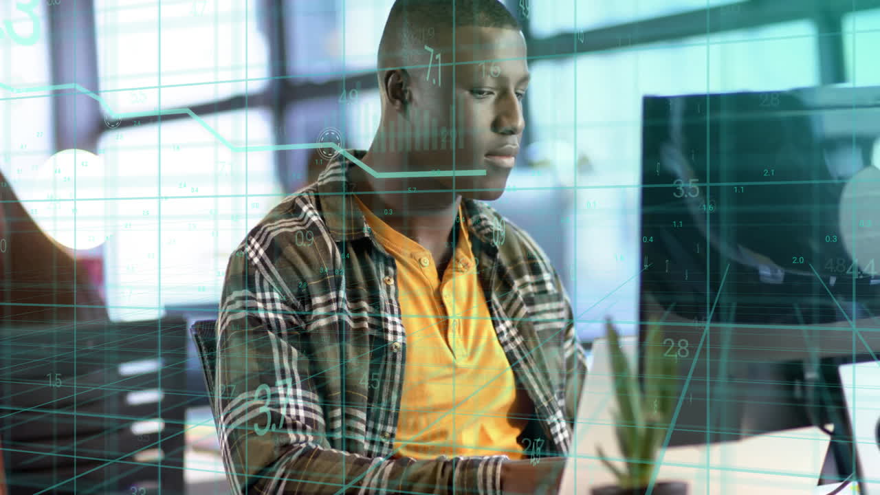 Animation of financial data processing over african american businessman working in office