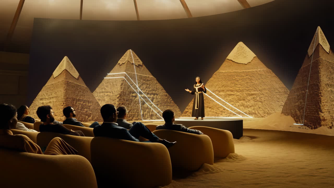 An immersive presentation on ancient Egypt featuring pyramids and a speaker addressing an audience on a sand-covered floor