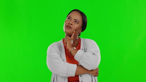 face, green screen and black woman with ideas