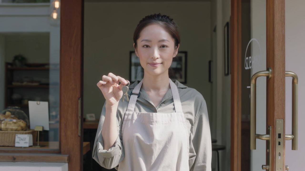 Starting centered in doorway, apron-clad woman raising key, inviting guests, pastry and OPEN door