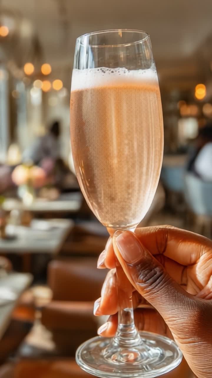 Una deliziosa celebrazione: bevanda frizzante in un elegante flûte brindata e gustata in un locale sociale chic con un'atmosfera calda.