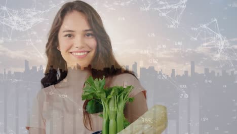 animation of statistical data processing over caucasian woman with groceries against cityscape