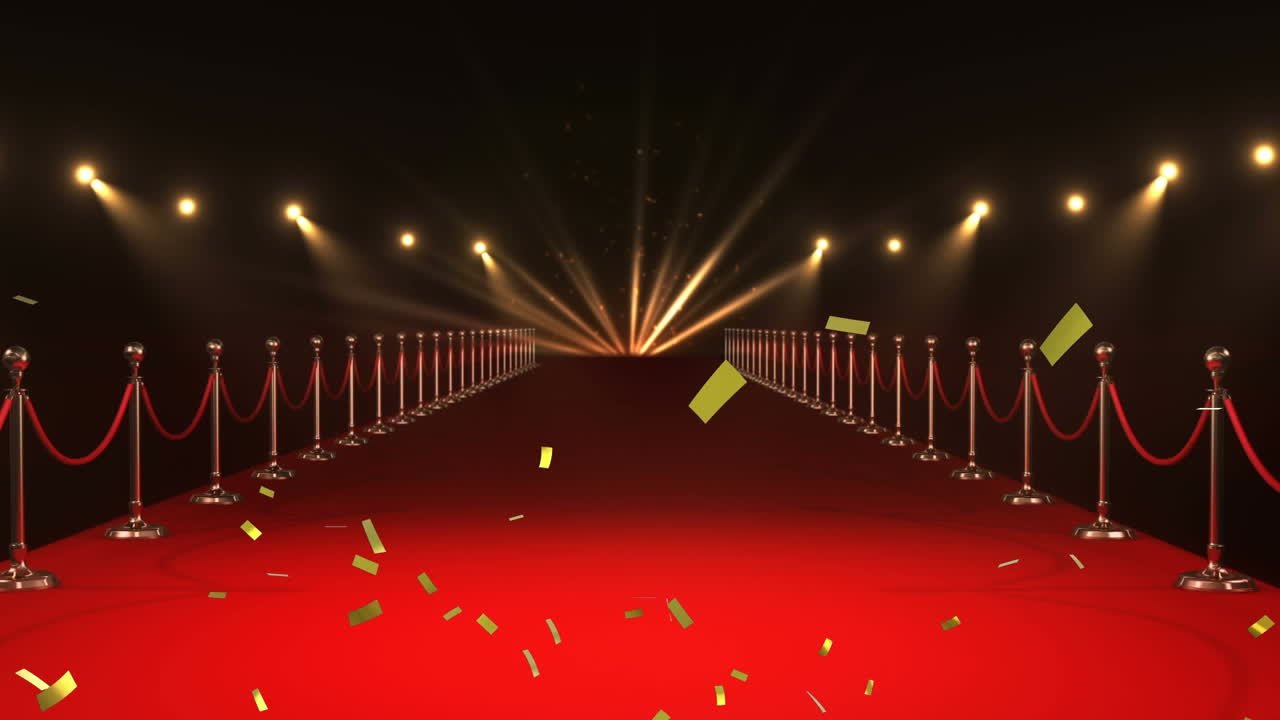 스포트라이트와 함께 빨간 카 ⁇  장소 위에 떨어지는 금 콘페티의 애니메이션