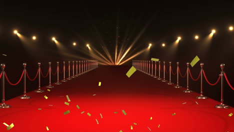 animation of gold confetti falling over red carpet venue with spotlights