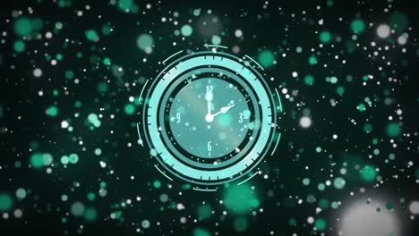 animación de un reloj que se mueve sobre puntos brillantes sobre un fondo negro