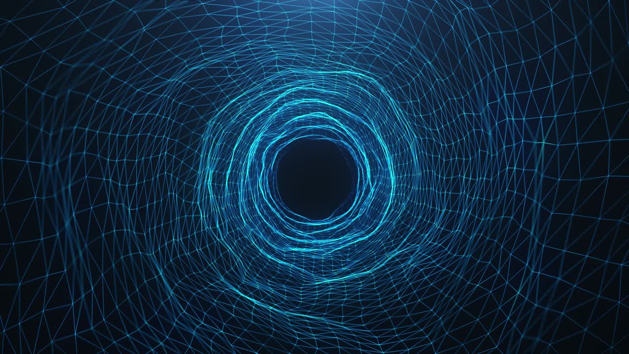 Abstract motion digital wormhole, tunnel consisting blue sparkling particle and lines. Way through the digital network beautiful blue particles. Seamless Loopable 3D 4K animation
