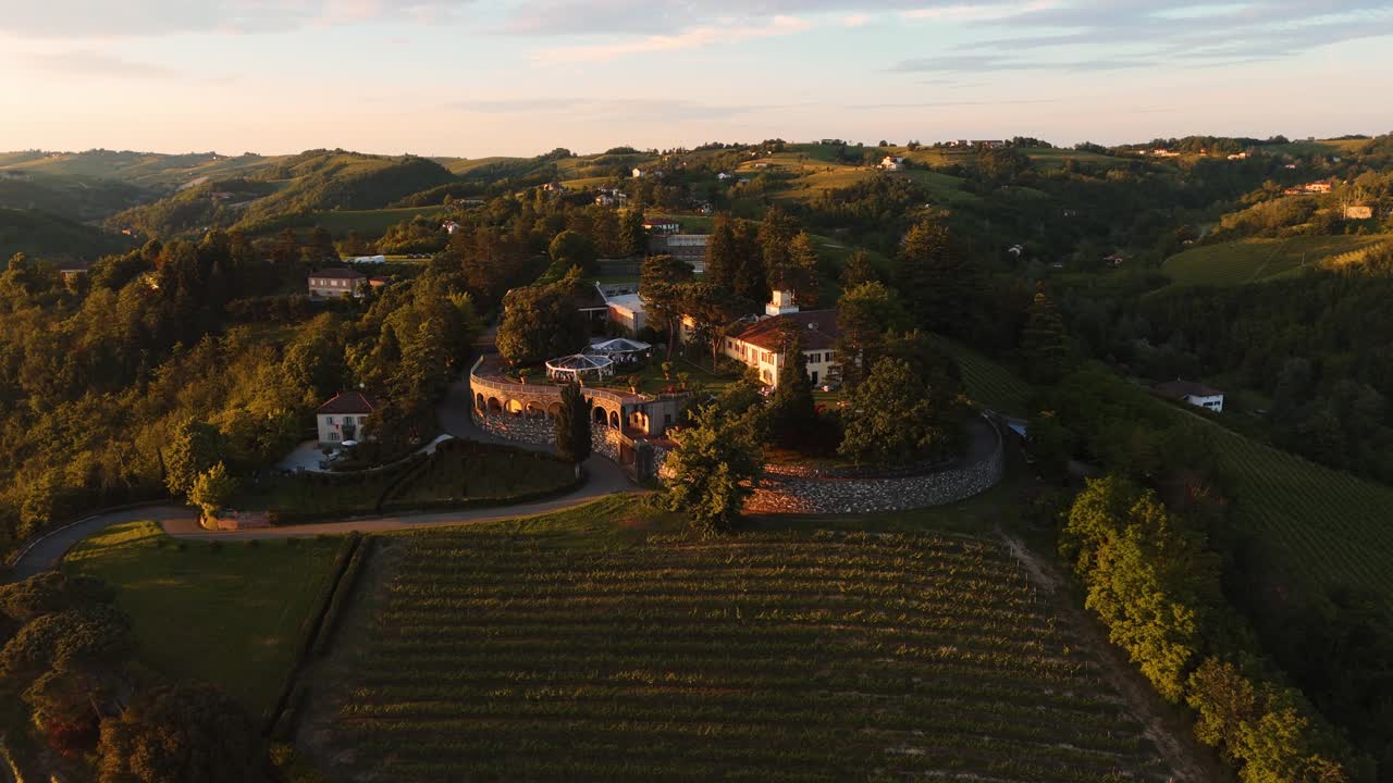 A beautiful wedding location in piedmont, italy, surrounded by vineyards, aerial view