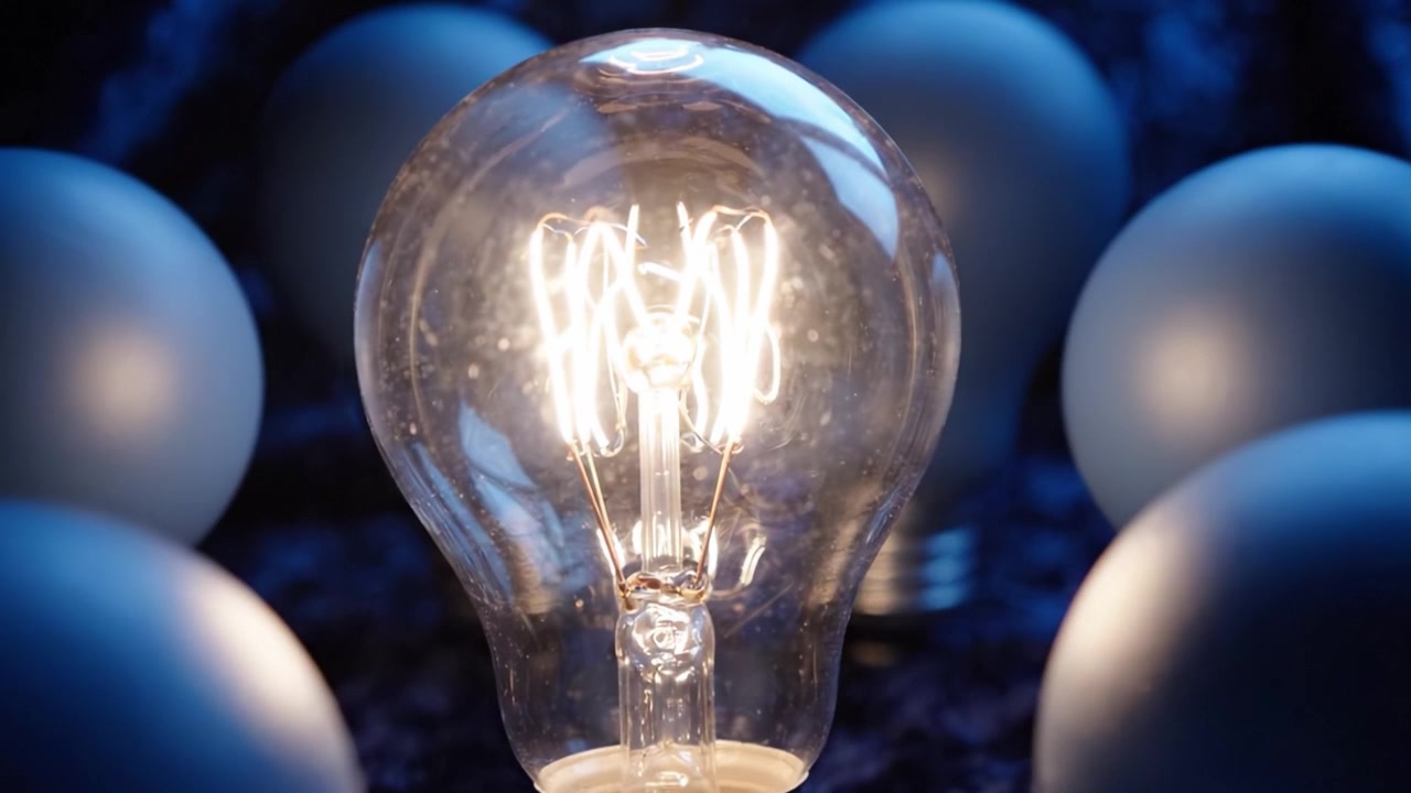 Lampadina illuminata circondata da aloni di luce: uno spettacolo accattivante di bagliore e calore in mezzo a un cerchio di sfere delicatamente illuminate.