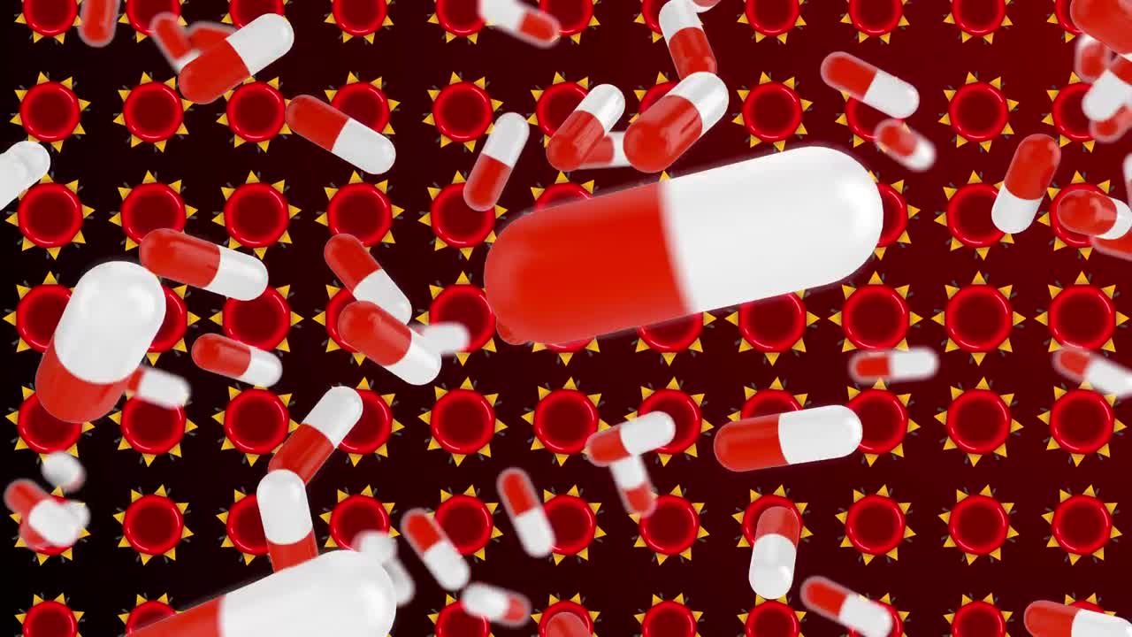 ⁇ 색과 빨간색 알약이 빨간색 배경에 있는 빨간색 세포 위에 있는 애니메이션