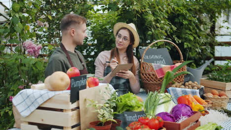 farmers market scene with customer and seller