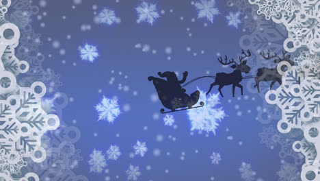 Animation-of-santa-claus-in-sleigh-with-reindeer-moving-over-falling-snow