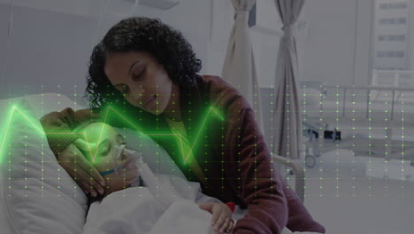 animation of heart rate monitor against biracial woman hugging her sick daughter on on hospital bed