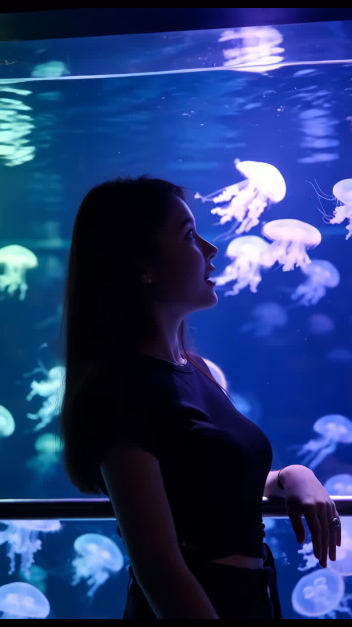 Silhueta de uma jovem observando águas-vivas em um aquário com iluminação azul