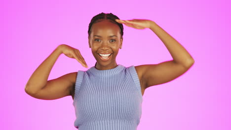 Frame,-pose-and-hand-with-face-of-black-woman