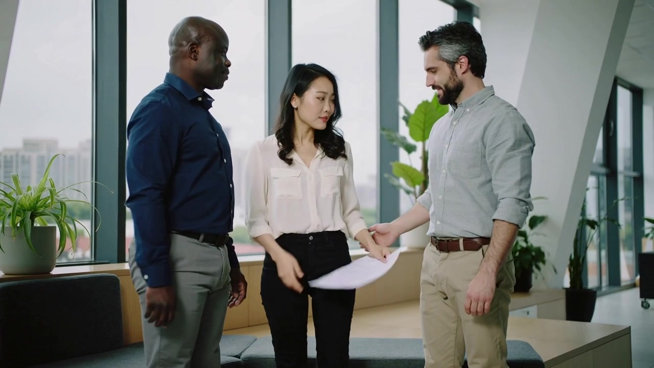 Presenting left man handing papers to coworkers for review in office lounge, navy shirt