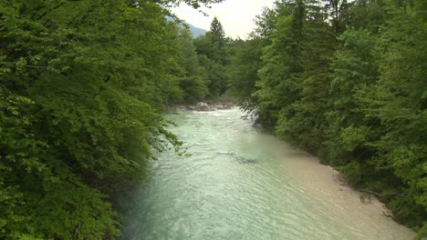 alpine-river-peacefully-flowing-in-green-forest,-julian-alps-valley-in-slovenia,-wide-static