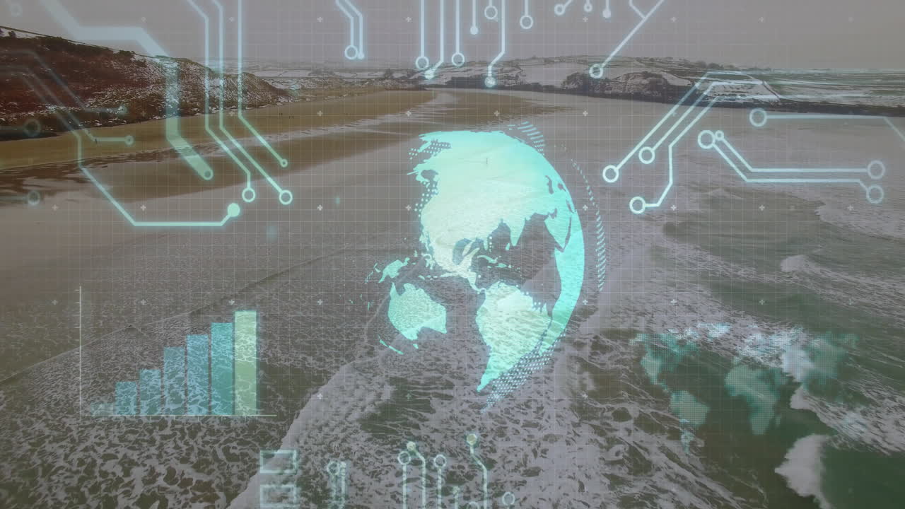 Rotating holographic globe hovering over sandy beach, overlaying circuit grid and translucent chart
