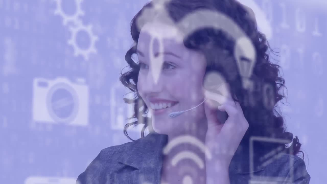 animación de iconos blancos volando sobre una mujer usando auriculares de teléfono