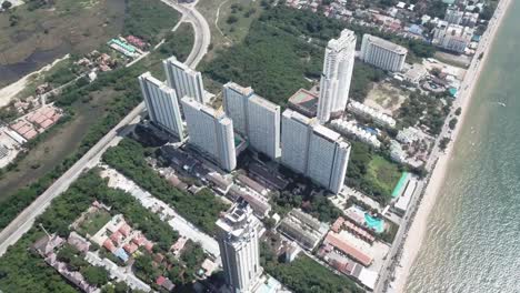 aerial view of coastal high-rise condominiums and hotels
