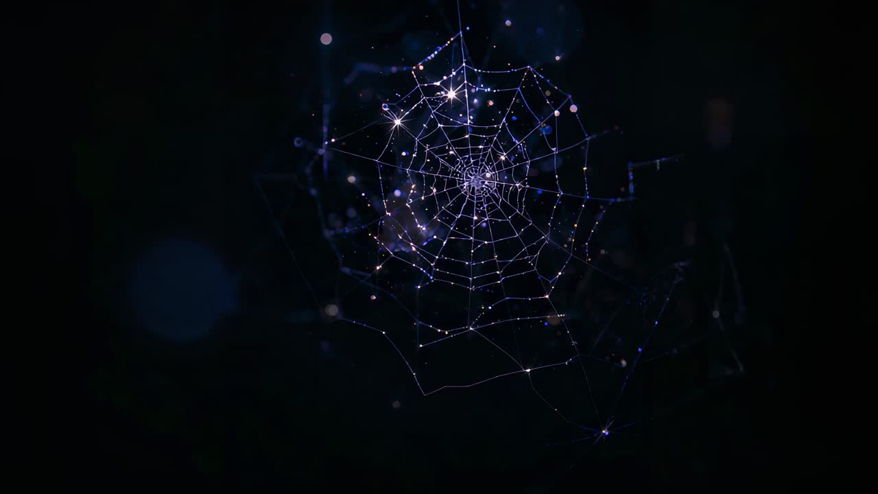 Glistening circular spider web shimmering in cool mist at night, sparkling dew droplets