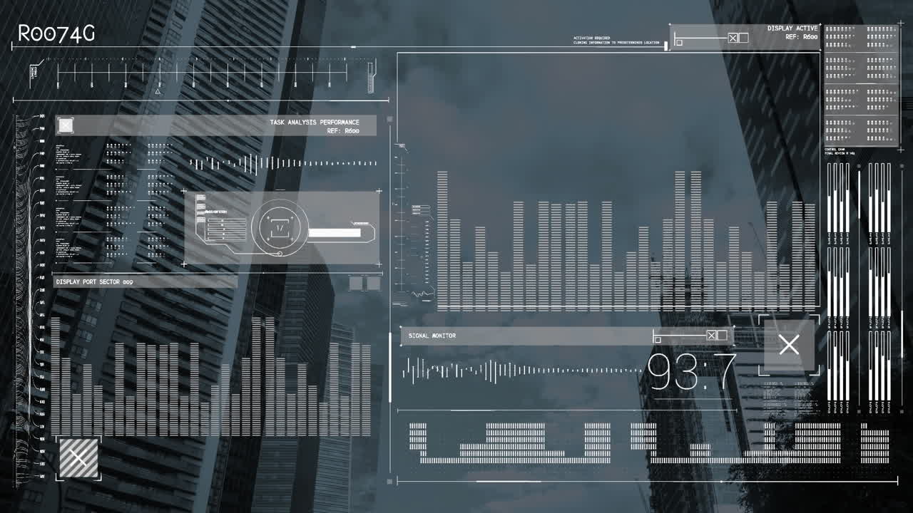 Animation of financial data processing over cityscape