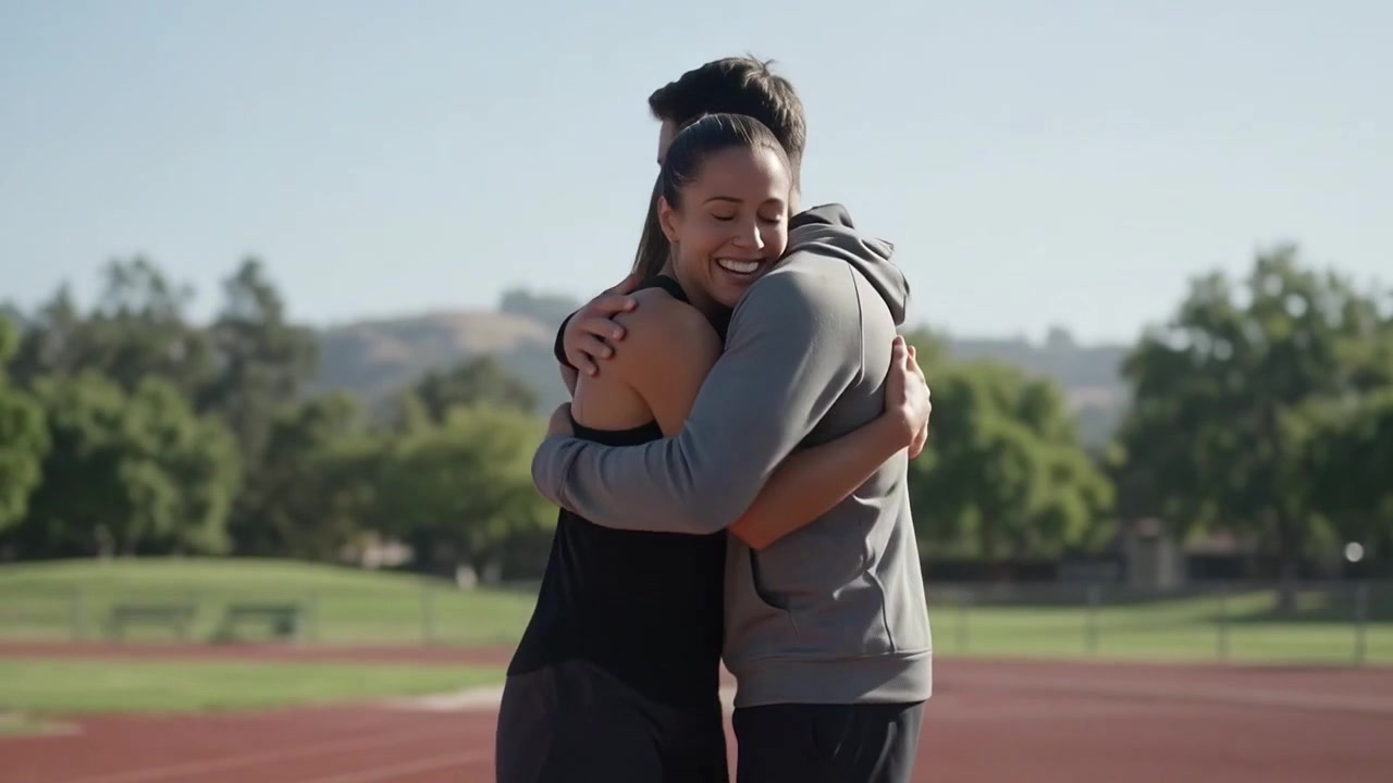 Young Woman Jogging on Track and Hugging Her Partner