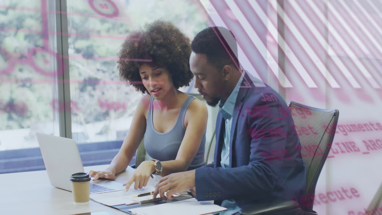 Animation of financial data processing over diverse business people in office