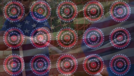 Animation-of-flag-of-usa-and-circles-with-stars-over-diverse-male-soldiers