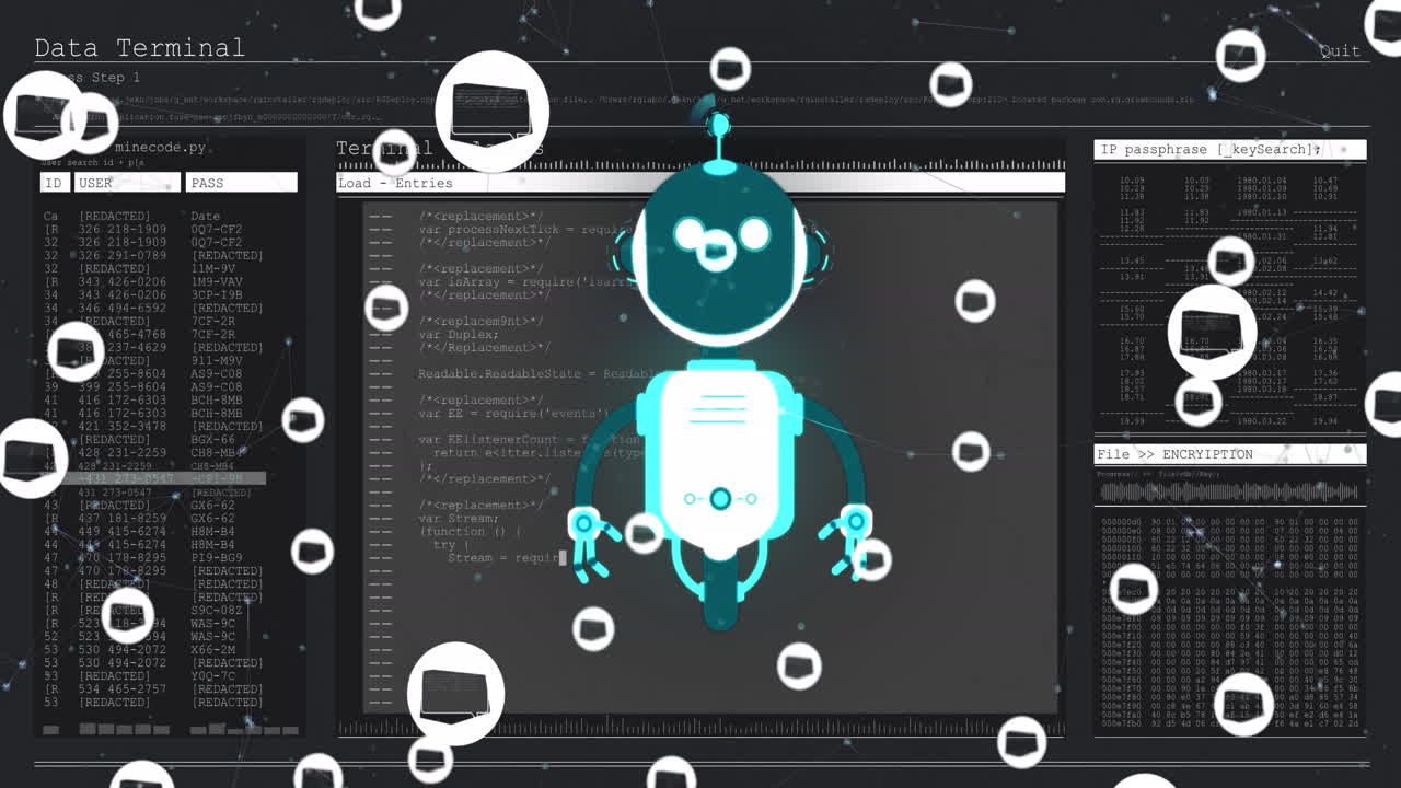 Animation of ai chat bot and icons over data processing