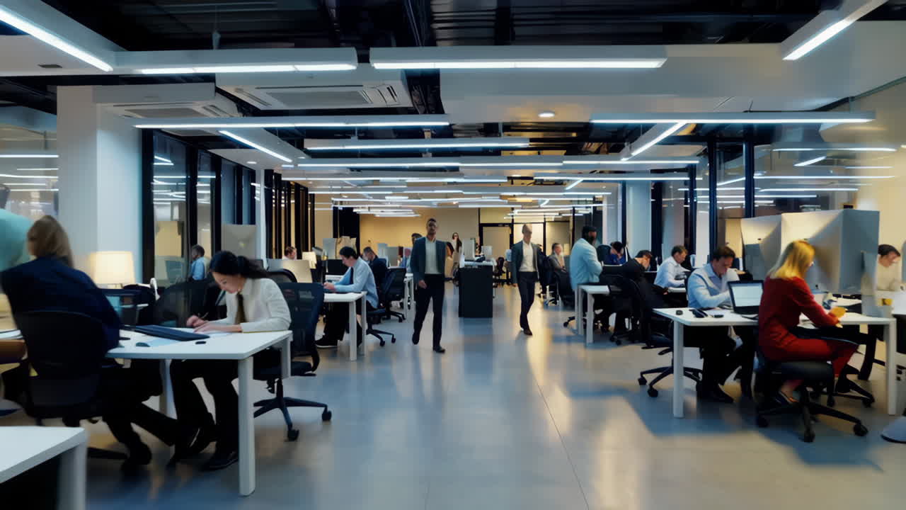 Busy modern office space with employees