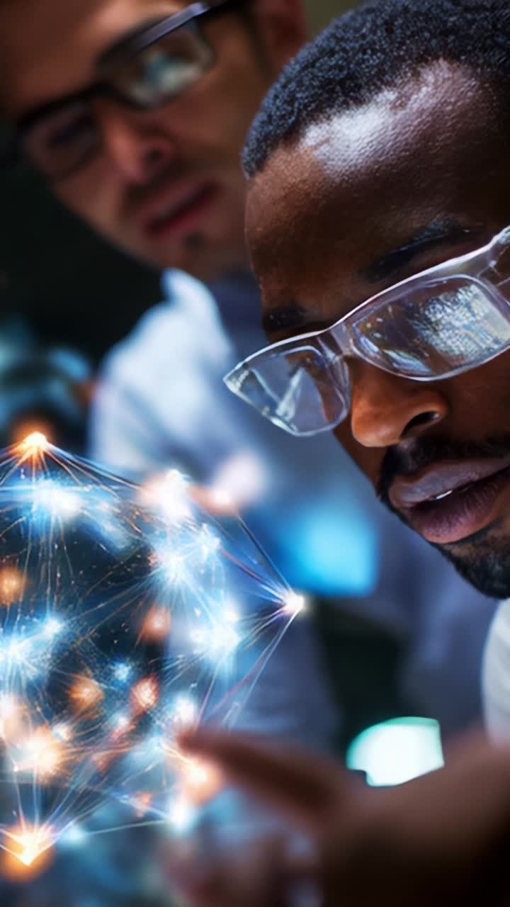 Close-Up of a Researcher Analyzing a Complex Data Visualization with Interactive Light Nodes and Connections, Focused on Innovation and Technology Exploration