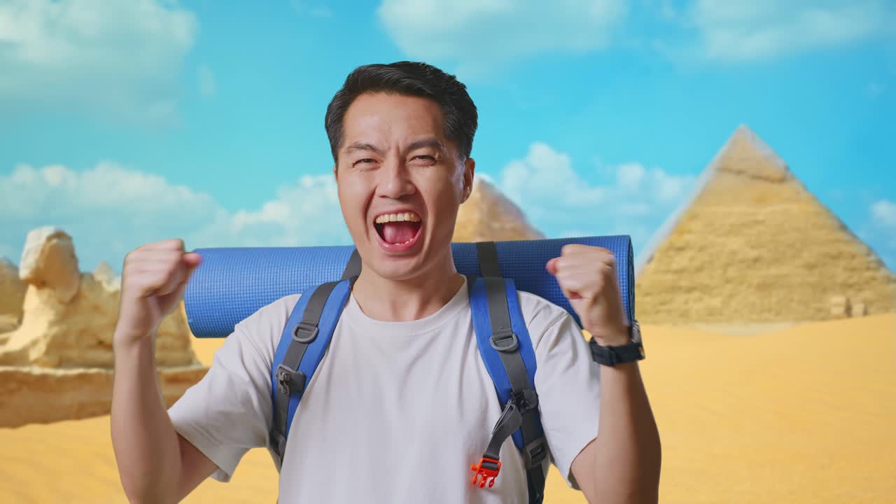 Excited Traveler in front of the Pyramids