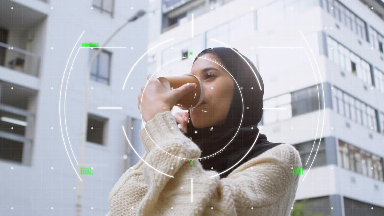 Woman sipping coffee raising phone to ear to make call, initiating tech HUD overlay animating face